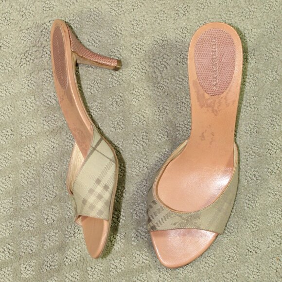 Burberry Women 7.5 / 38 Check Slides Beige Plaid Mule Sandal 3" Kitten Heel - Picture 1 of 6